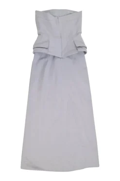 Lilac strapless bustier gown with pannier-style hip panels