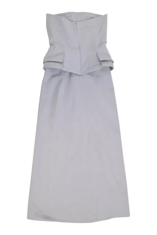 Lilac strapless bustier gown with pannier-style hip panels