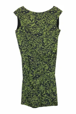 Lime green and black silk-blend abstract print georgette twist-front V-neck neck sheath dress