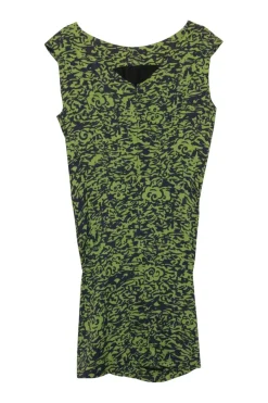 Lime green and black silk-blend abstract print georgette twist-front V-neck neck sheath dress