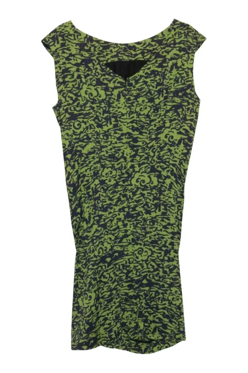 Lime green and black silk-blend abstract print georgette twist-front V-neck neck sheath dress