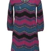 Magenta and blue cotton-blend striped zig-zag drop stitch pointelle knit long sleeve pullover shift dress