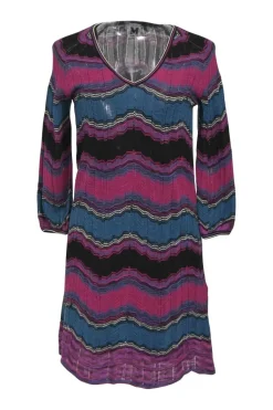 Magenta and blue cotton-blend striped zig-zag drop stitch pointelle knit long sleeve pullover shift dress
