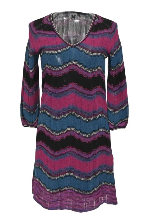 Magenta and blue cotton-blend striped zig-zag drop stitch pointelle knit long sleeve pullover shift dress