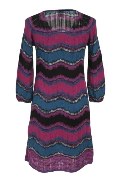 Magenta and blue cotton-blend striped zig-zag drop stitch pointelle knit long sleeve pullover shift dress