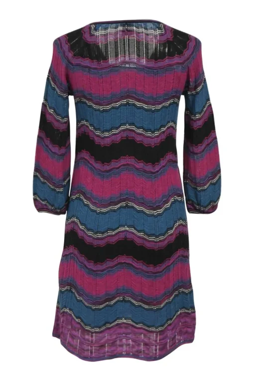 Magenta and blue cotton-blend striped zig-zag drop stitch pointelle knit long sleeve pullover shift dress