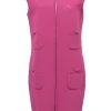 Magenta cotton-blend sleeveless zip-up sheath dress with portrait back and functional Martingale