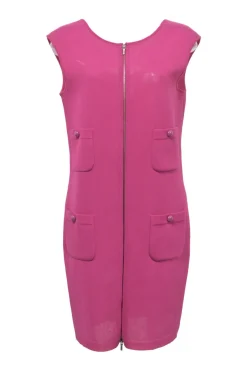 Magenta cotton-blend sleeveless zip-up sheath dress with portrait back and functional Martingale