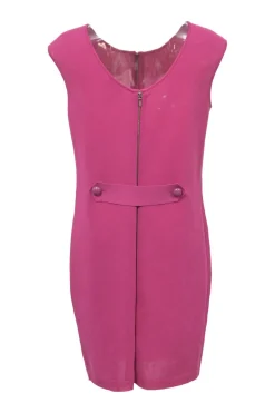 Magenta cotton-blend sleeveless zip-up sheath dress with portrait back and functional Martingale