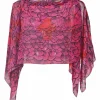 Magenta draped abstract print handkerchief capelet blouse