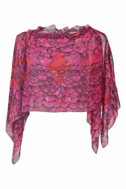 Magenta draped abstract print handkerchief capelet blouse