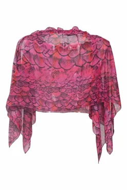 Magenta draped abstract print handkerchief capelet blouse