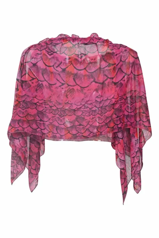 Magenta draped abstract print handkerchief capelet blouse