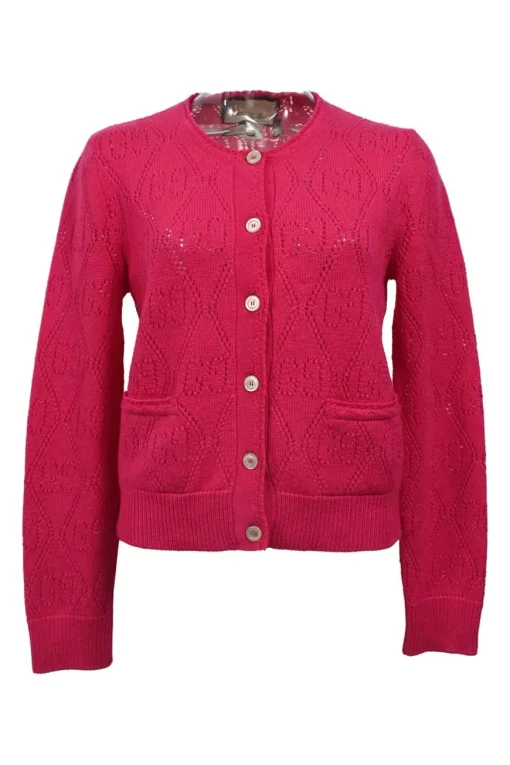 Magenta GG pointelle knit button-front cardigan