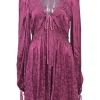 Magenta lace-trimmed rayon paisley jacquard empire-waist plunge neck tie-back long sleeve skater dress