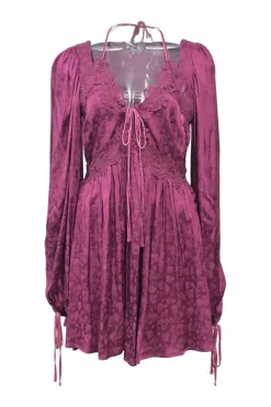 Magenta lace-trimmed rayon paisley jacquard empire-waist plunge neck tie-back long sleeve skater dress