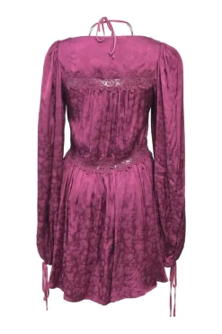 Magenta lace-trimmed rayon paisley jacquard empire-waist plunge neck tie-back long sleeve skater dress