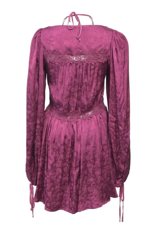 Magenta lace-trimmed rayon paisley jacquard empire-waist plunge neck tie-back long sleeve skater dress