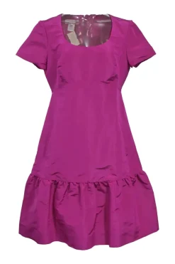 Magenta silk square-neck short sleeve empire-waist mini dress with darted bodice and ruffle-tier skirt