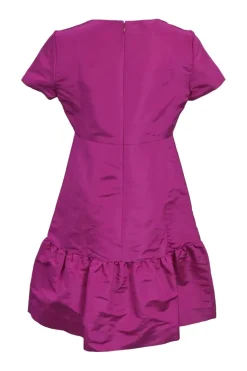 Magenta silk square-neck short sleeve empire-waist mini dress with darted bodice and ruffle-tier skirt