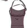 Maille burgundy viscose-blend stripe knit halter tank with built-in adjustable plissé foulard