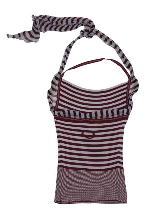 Maille burgundy viscose-blend stripe knit halter tank with built-in adjustable plissé foulard