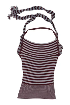 Maille burgundy viscose-blend stripe knit halter tank with built-in adjustable plissé foulard