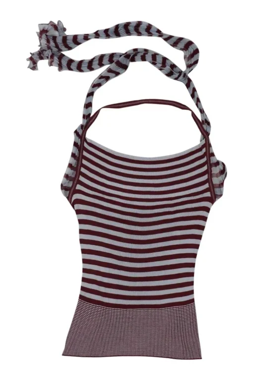 Maille burgundy viscose-blend stripe knit halter tank with built-in adjustable plissé foulard