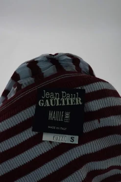 Maille burgundy viscose-blend stripe knit halter tank with built-in adjustable plissé foulard