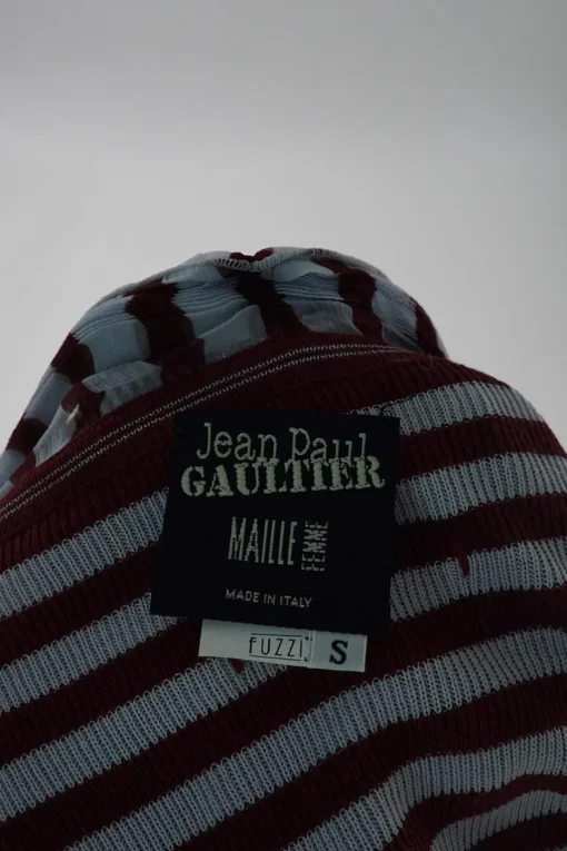 Maille burgundy viscose-blend stripe knit halter tank with built-in adjustable plissé foulard