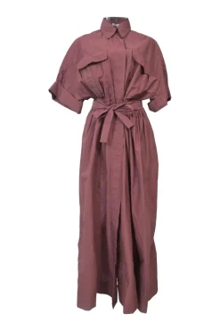 Marsala cotton-blend tie-waist maxi shirt dress with cargo chest patch pockets