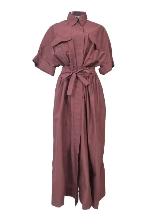 Marsala cotton-blend tie-waist maxi shirt dress with cargo chest patch pockets