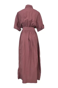 Marsala cotton-blend tie-waist maxi shirt dress with cargo chest patch pockets