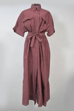 Marsala cotton-blend tie-waist maxi shirt dress with cargo chest patch pockets