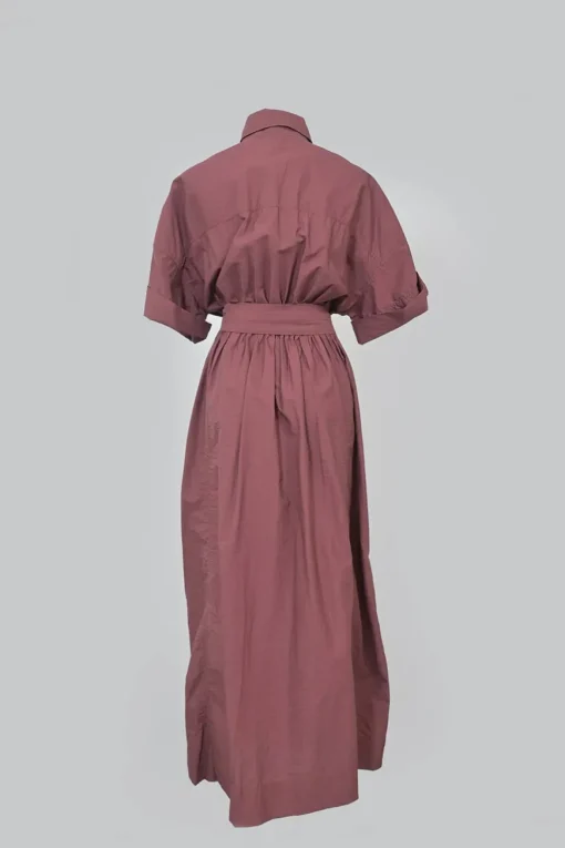 Marsala cotton-blend tie-waist maxi shirt dress with cargo chest patch pockets