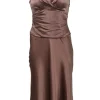 Marsala draped silk satin wrap-effect cap sleeve godet-style midi dress