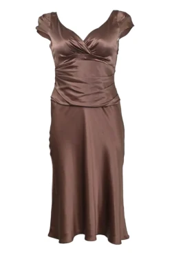Marsala draped silk satin wrap-effect cap sleeve godet-style midi dress