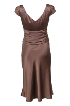 Marsala draped silk satin wrap-effect cap sleeve godet-style midi dress