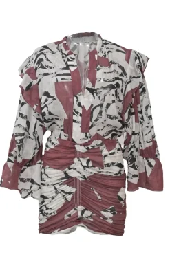 Marsala ramie abstract print Hura band collar plunge neck ruched mini dress with flounce sleeves