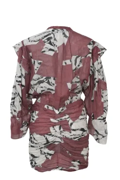 Marsala ramie abstract print Hura band collar plunge neck ruched mini dress with flounce sleeves
