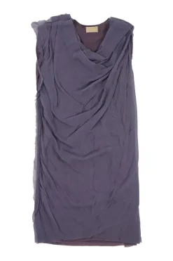 Mauve draped silk georgette pullover sleeveless mini shift dress with raw edges