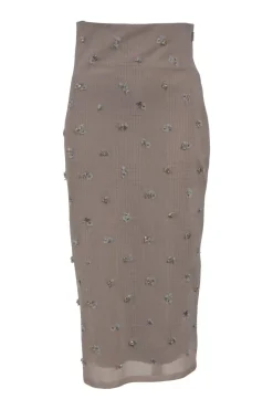 Mauve embellished semi-sheer polyamide Glen check tulle pencil skirt featuring floral bead broderie motif
