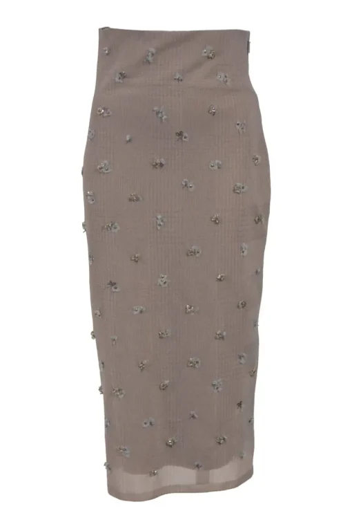Mauve embellished semi-sheer polyamide Glen check tulle pencil skirt featuring floral bead broderie motif