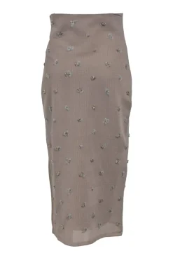 Mauve embellished semi-sheer polyamide Glen check tulle pencil skirt featuring floral bead broderie motif