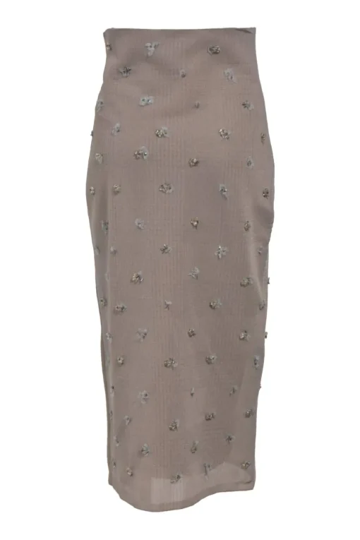 Mauve embellished semi-sheer polyamide Glen check tulle pencil skirt featuring floral bead broderie motif