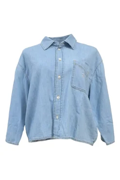 Melody wash indigo cotton denim spread collar button-front cropped shirt