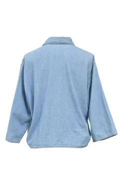 Melody wash indigo cotton denim spread collar button-front cropped shirt