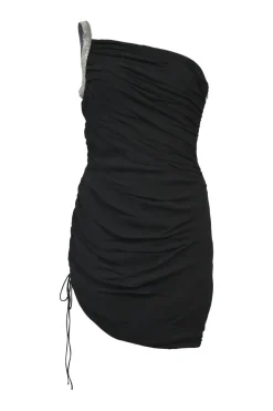 Metal stud embellished black viscose-blend one-shoulder mini dress with drawstring ruching side detail at waist