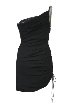 Metal stud embellished black viscose-blend one-shoulder mini dress with drawstring ruching side detail at waist