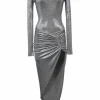 Metallic heather grey polyester-blend jersey long sleeve asymmetric knit dress with padded shoulders and ruched hip detail